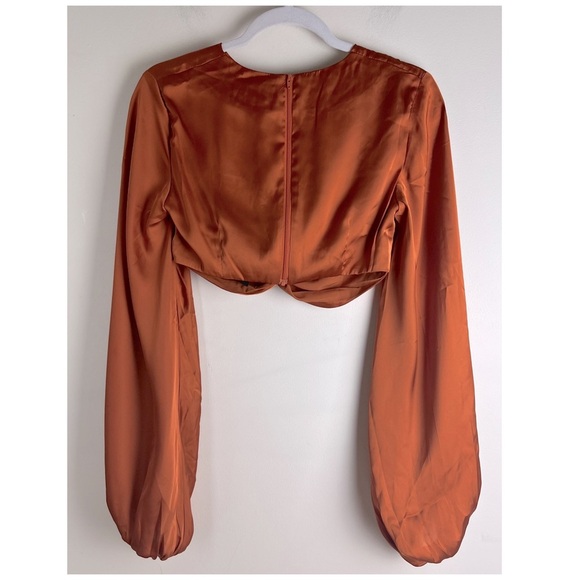 Andrea Iyamah | Bubble Sleeve Front Twist Satin Behati Rust Cropped Top | XS - Picture 9 of 15